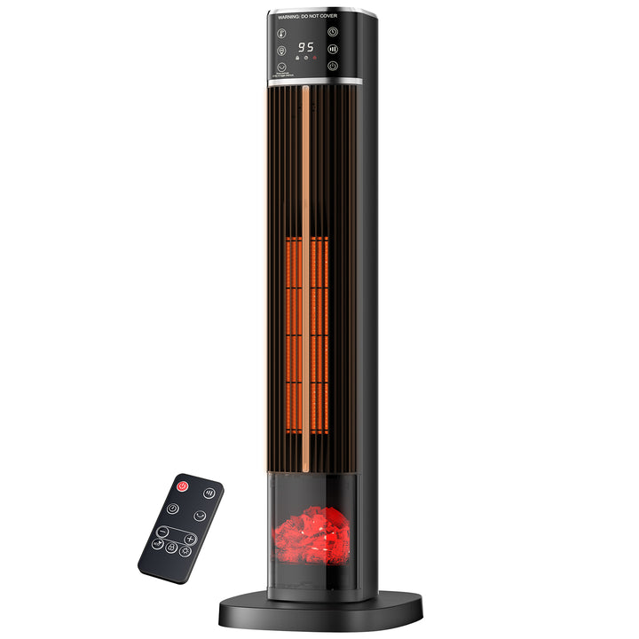 Tall ceramic tower heater with flame-effect panel
