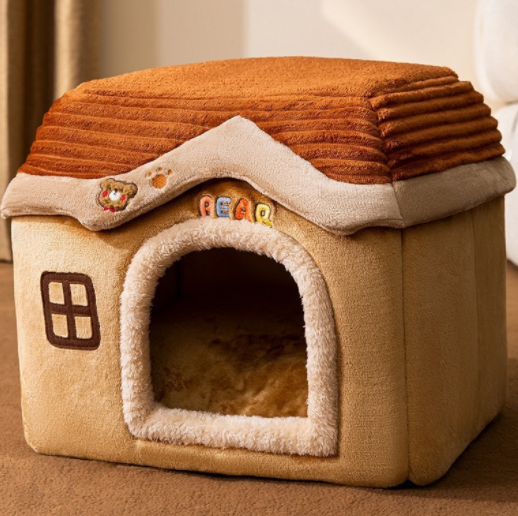 Foldable Dog House Bed With Warm Enclosed Cave Design