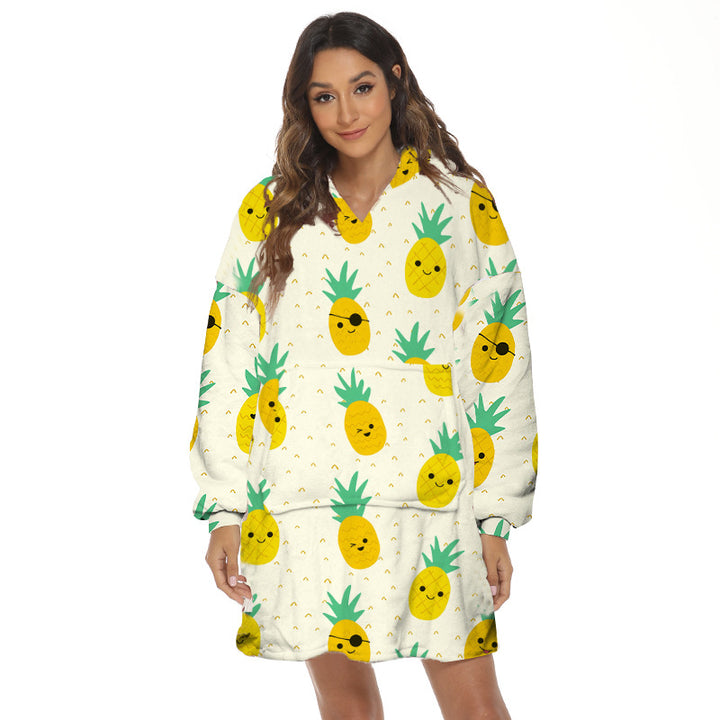 Person wearing oversized panda hooded blanket