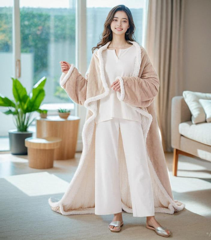 Grey wearable heated blanket with sleeves