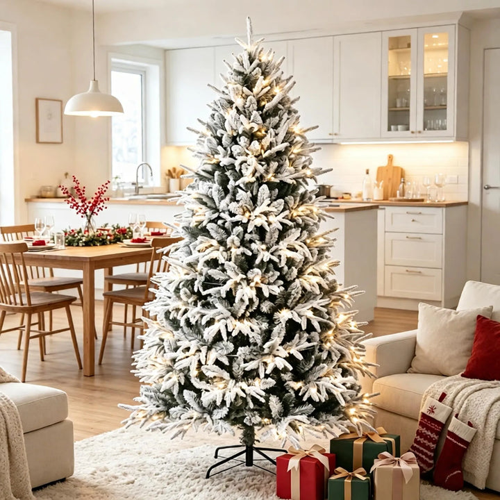 Full snow-flocked tree with warm LEDs