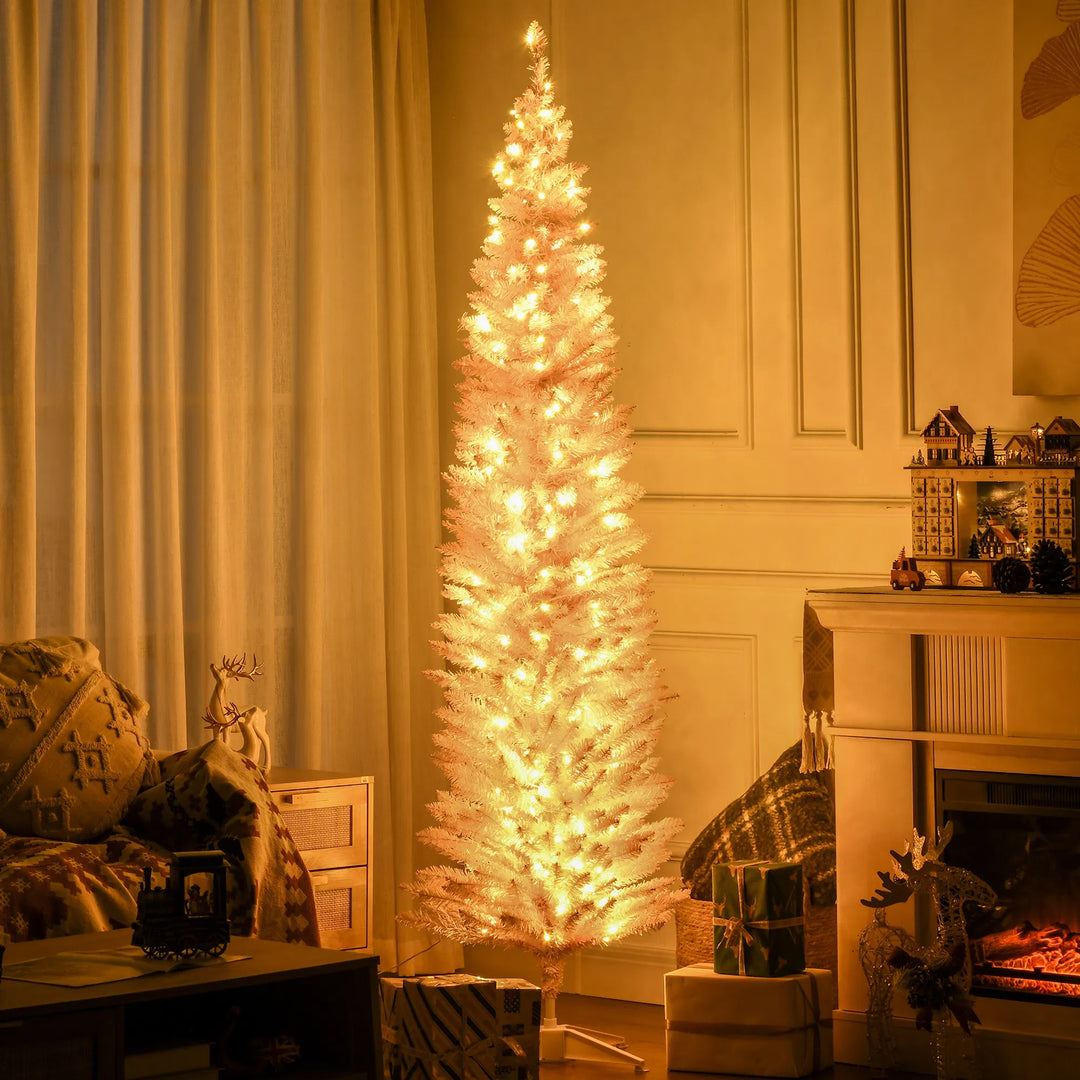 Tall pink pencil tree with warm lights