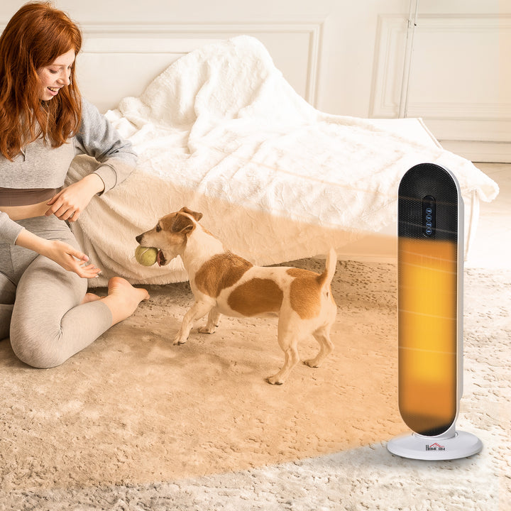 white oscillating ceramic tower heater with remote