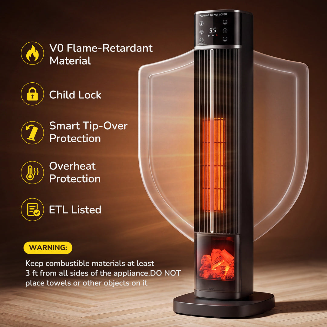 Tall ceramic tower heater with flame-effect panel