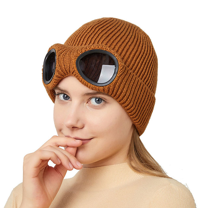 Knit beanie with flip-up goggles on the front