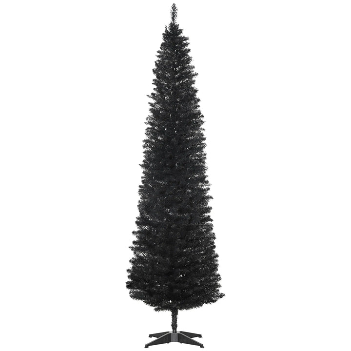 Slim black pencil Christmas tree in corner