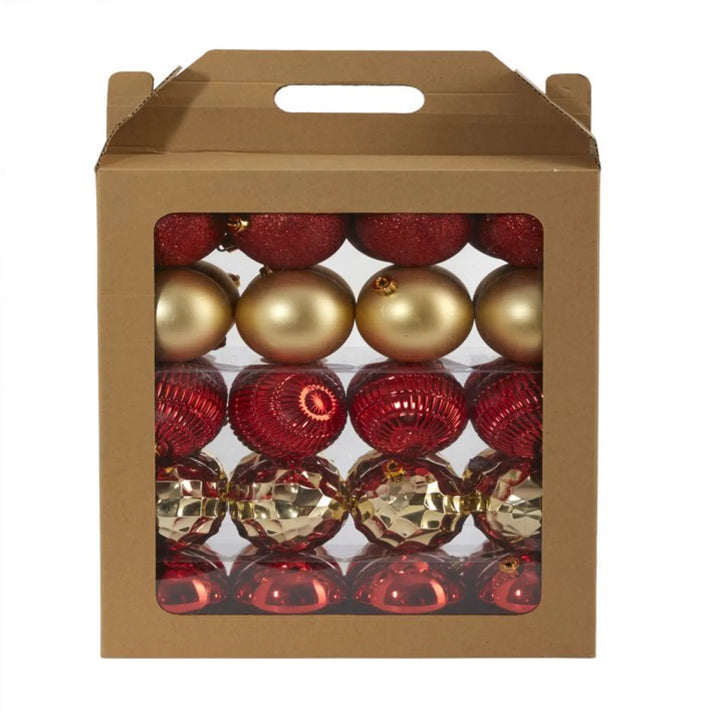 Red and gold shatterproof baubles in box