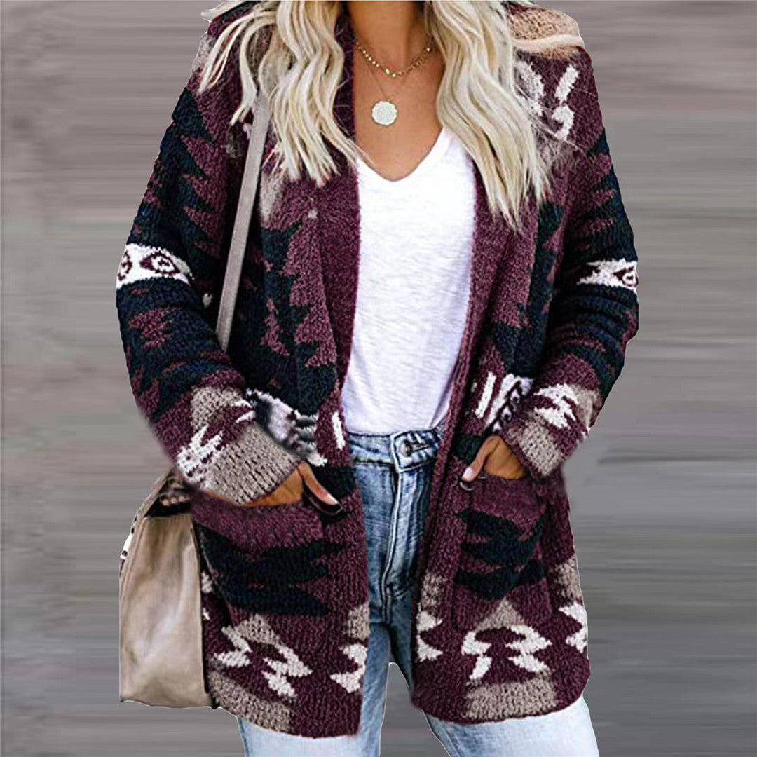Woman wearing open front geometric knit cardigan