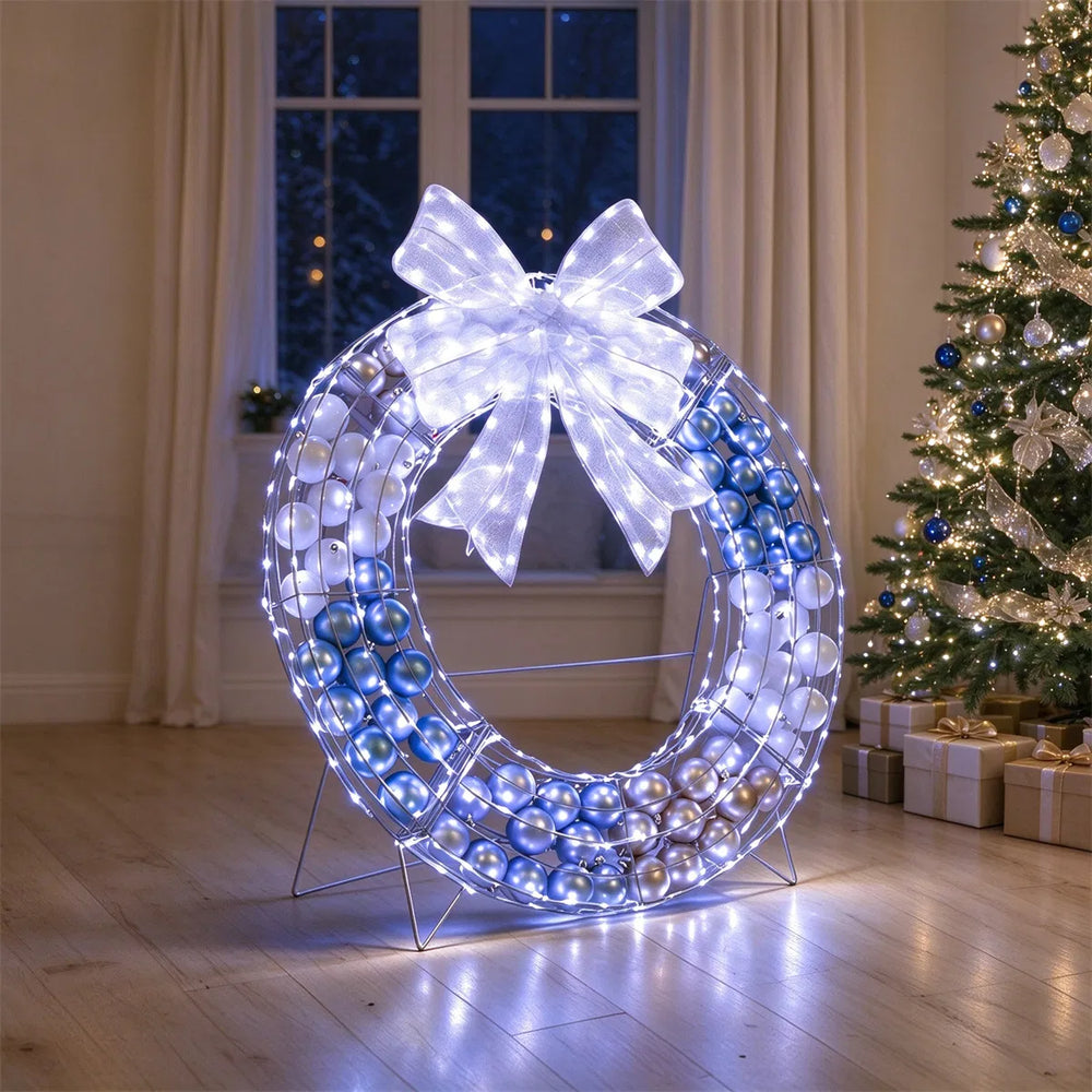 Freestanding lit wreath with baubles