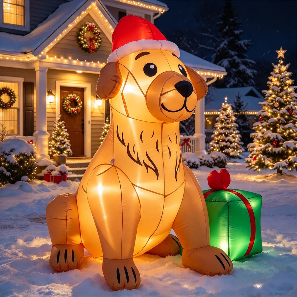 Inflatable golden retriever in Santa hat
