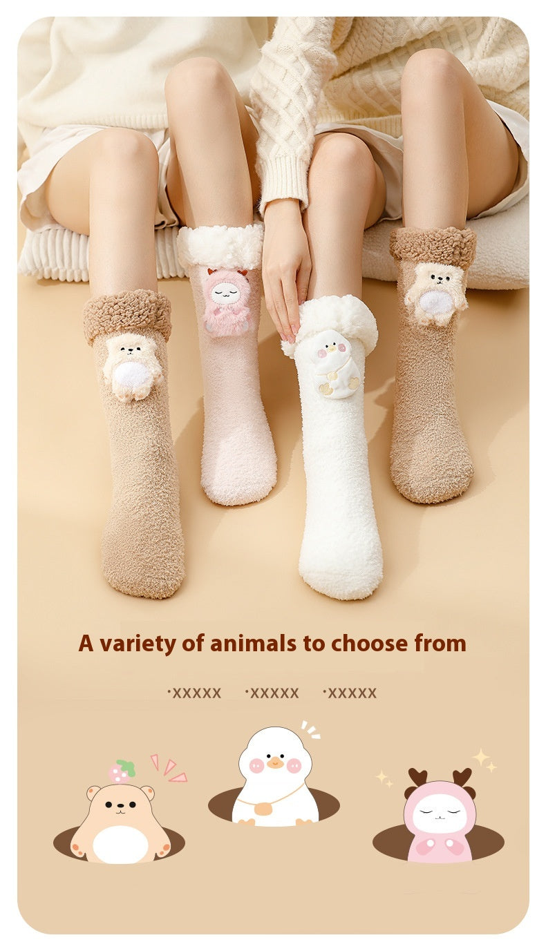 Pink plush heated socks with deer badge