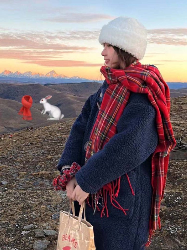 Red tartan check scarf with tassels