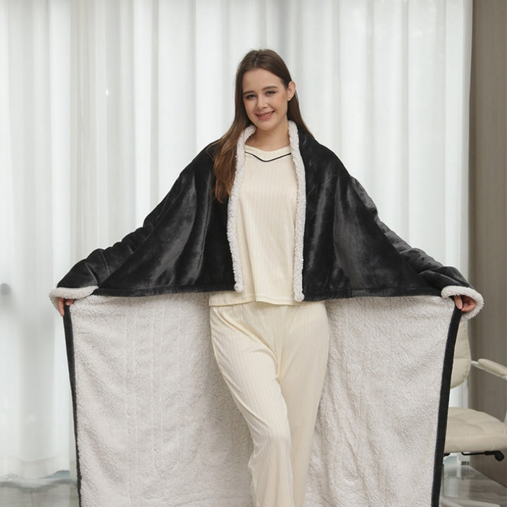 Grey wearable heated blanket with sleeves