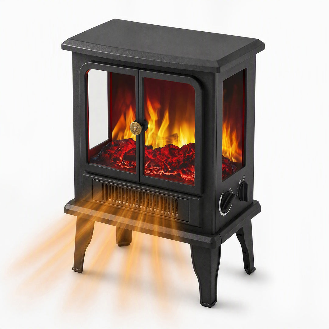 black electric stove fireplace with glass doors and flames