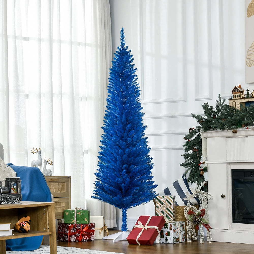 Blue slim pencil Christmas tree, unlit