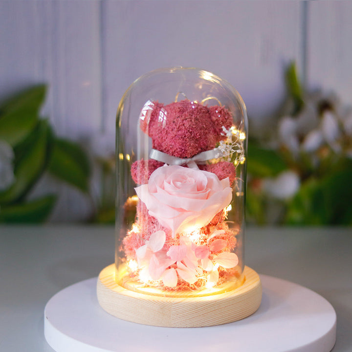 Eternal Preserved Rose Lamp With Teddy Bear And LED Lights