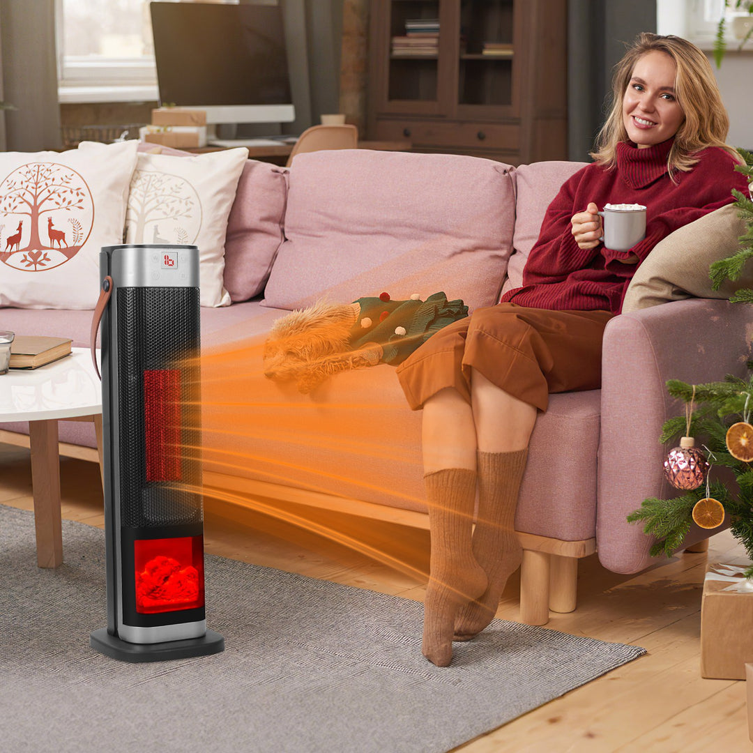 black ceramic tower heater with flame effect and leather strap