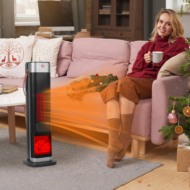 black ceramic tower heater with flame effect and leather strap