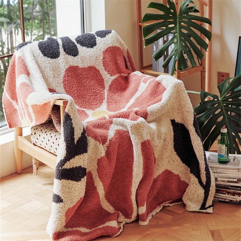 Boho Floral Leaves Microfibre Knitted Throw Blanket - Soft, Cosy, and Decorative