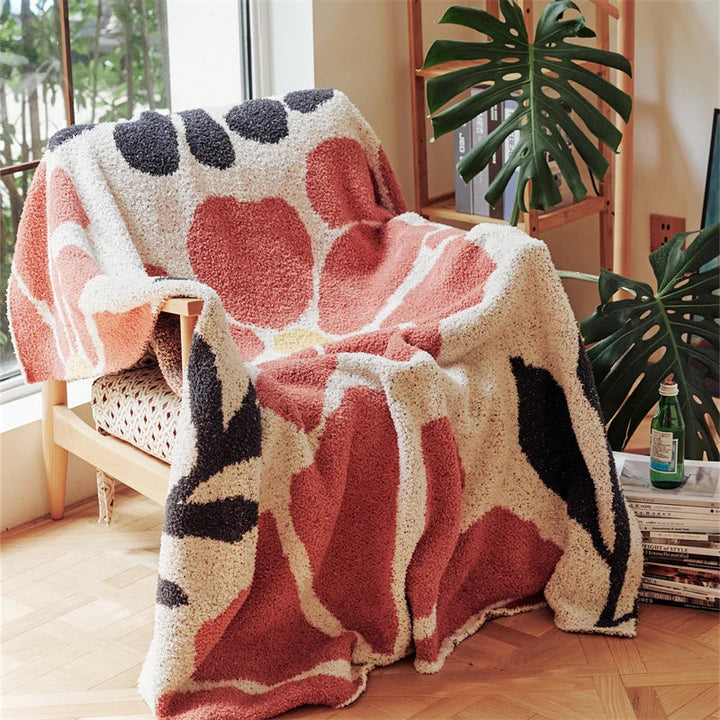 Boho Floral Leaves Microfibre Knitted Throw Blanket - Soft, Cosy, and Decorative