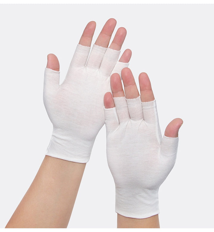 Grey cotton half-finger gloves on hands