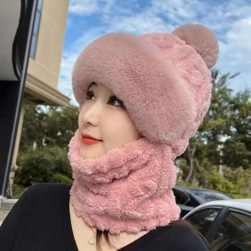 Pink plush hood hat with pompom