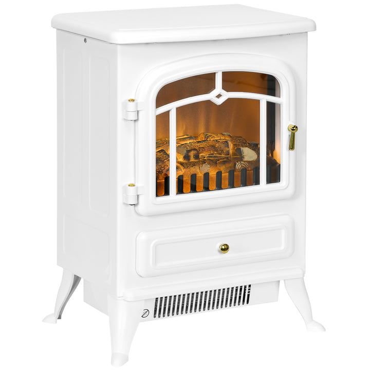 white electric stove heater with glass door and log flames