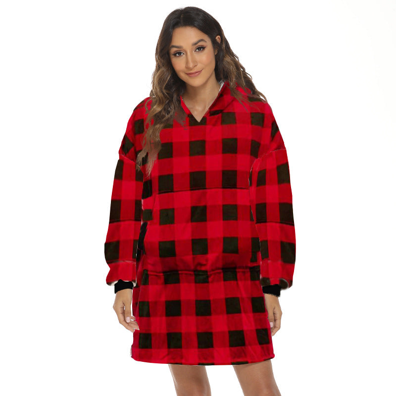 Person wearing oversized panda hooded blanket