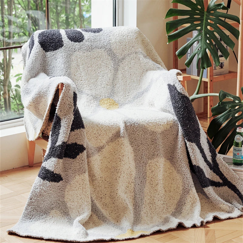 Boho Floral Leaves Microfibre Knitted Throw Blanket - Soft, Cosy, and Decorative