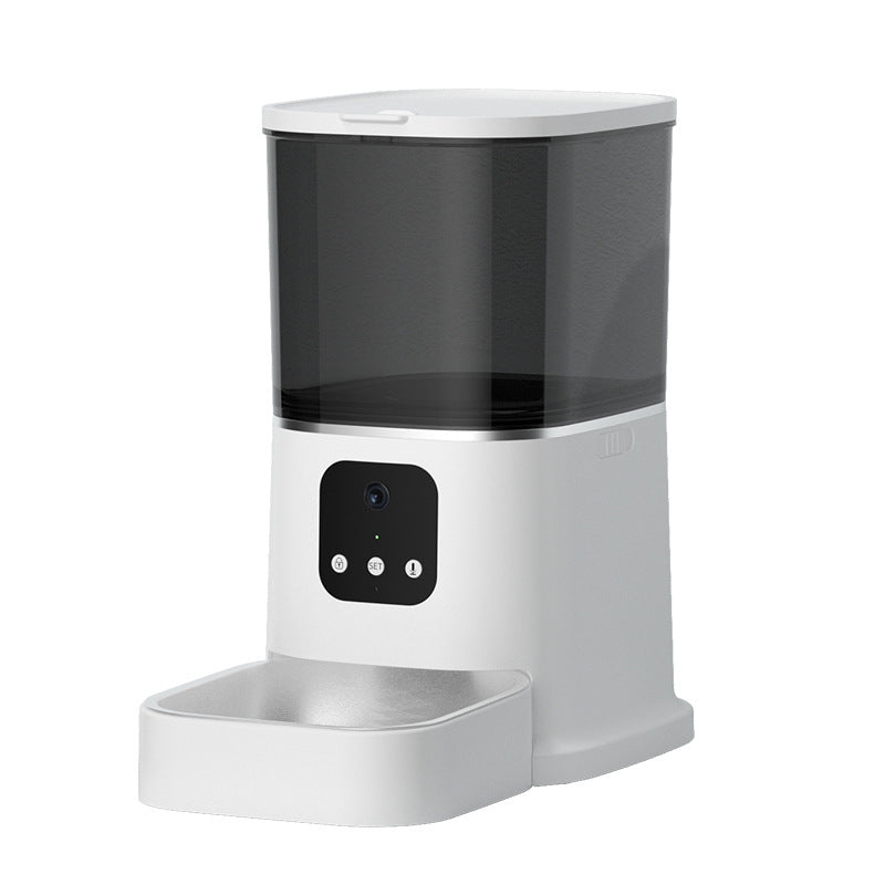 White automatic pet feeder with steel bowl
