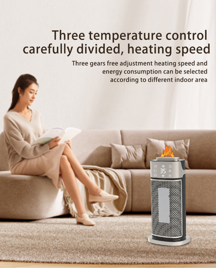 Silver tower heater with flame-effect humidifier