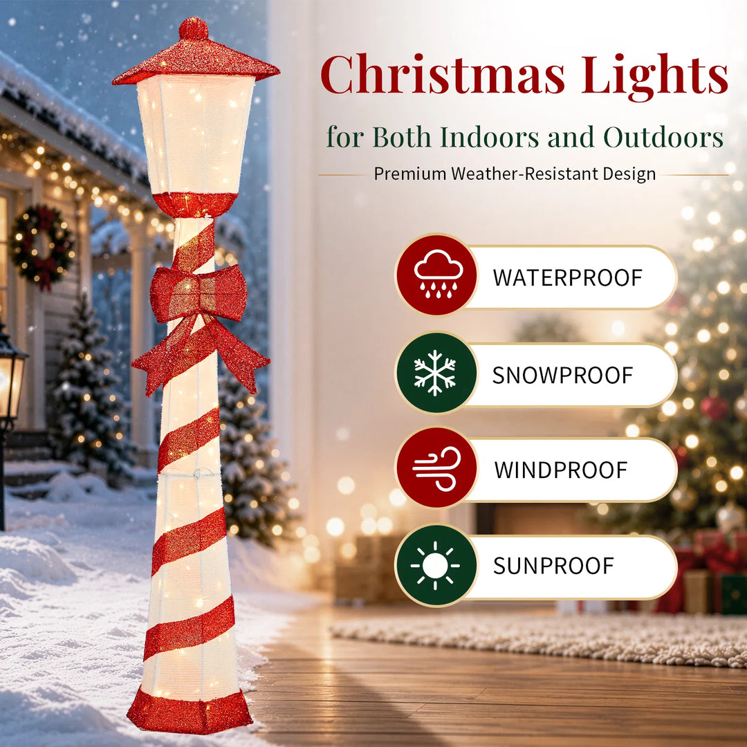 Candy cane striped Christmas lamp post glowing