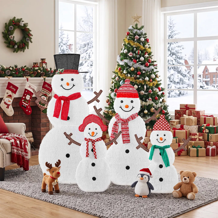 Family of four lit snowman figures