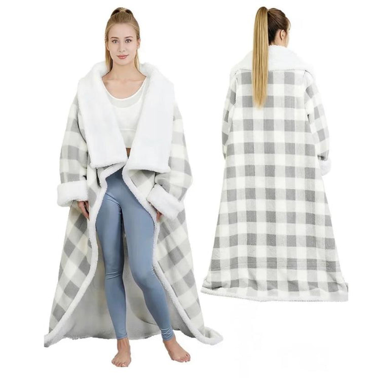 Grey plaid wearable electric blanket with sleeves