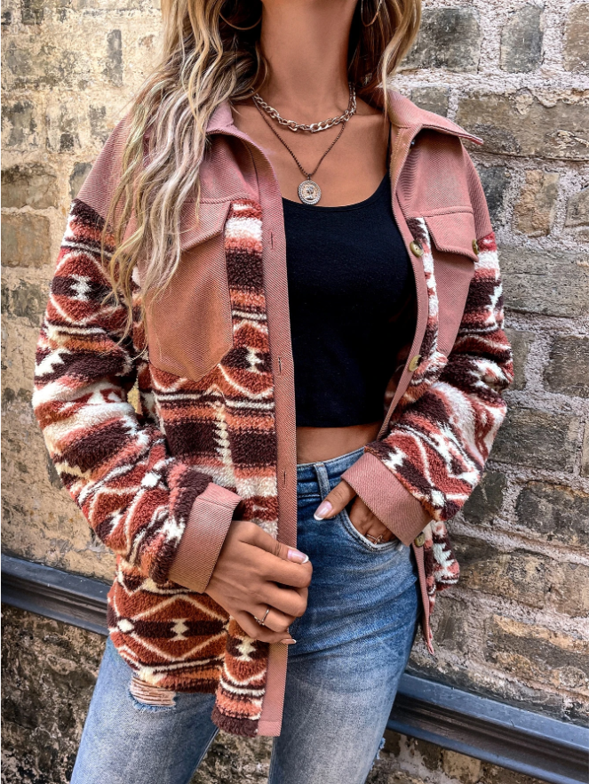 Woman in pink shacket with print sleeves