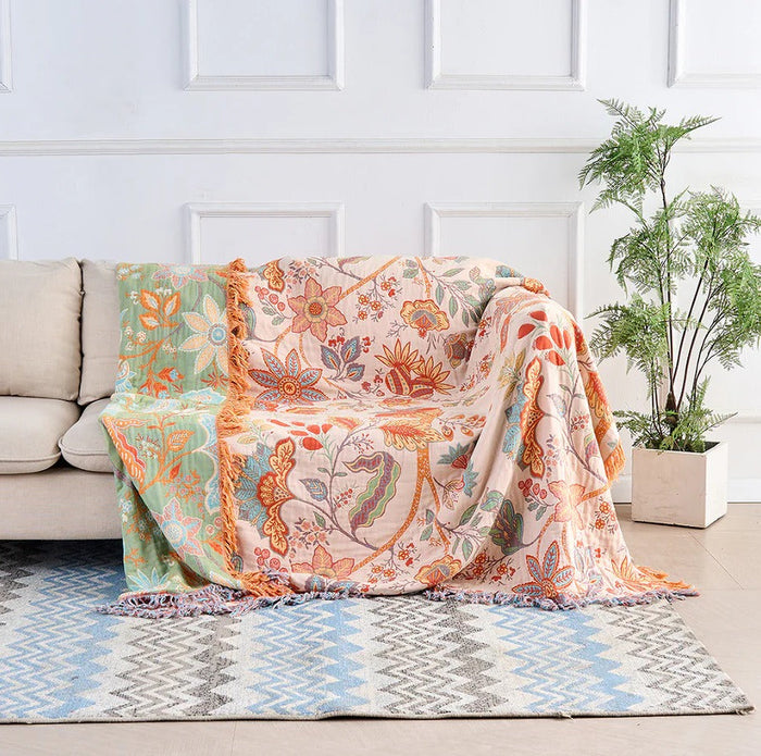 Snugleigh™ Boho Cotton Throw Blanket with Floral Print and Fringe