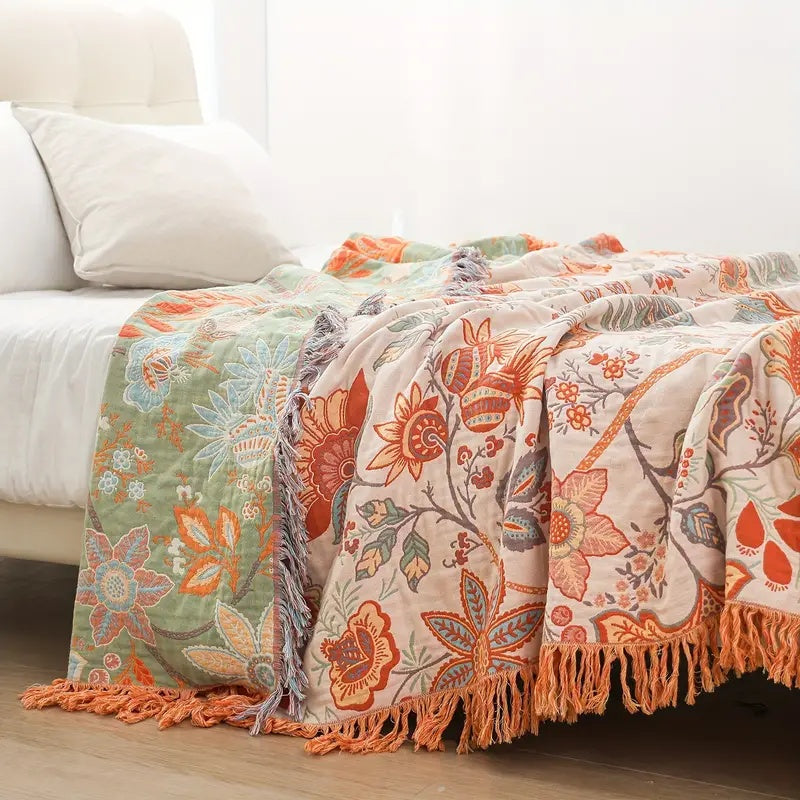 Boho Floral Cotton Throw Blanket with Fringe – Cream &amp; Orange
