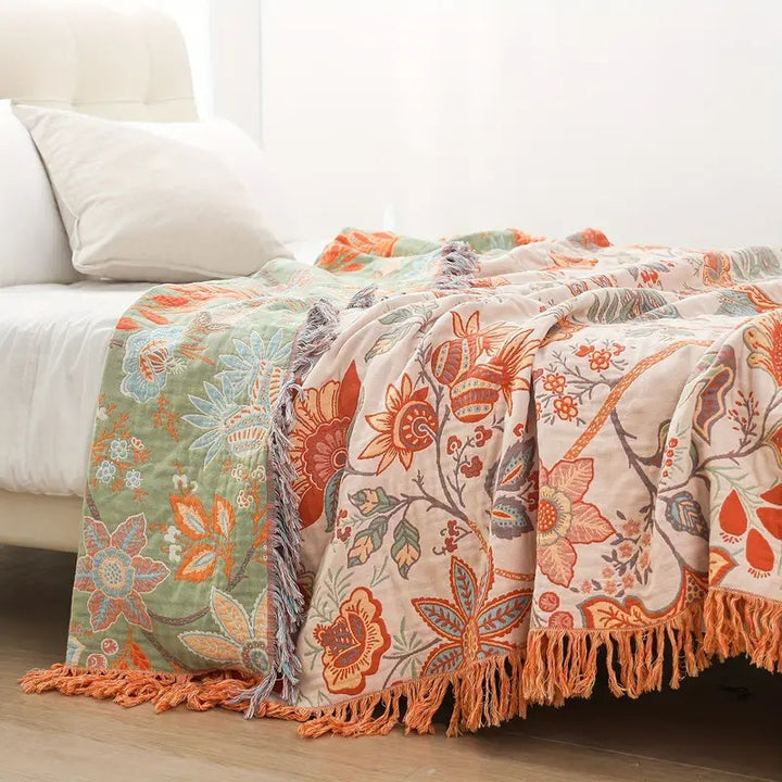 Boho Floral Cotton Throw Blanket with Fringe – Cream &amp; Orange