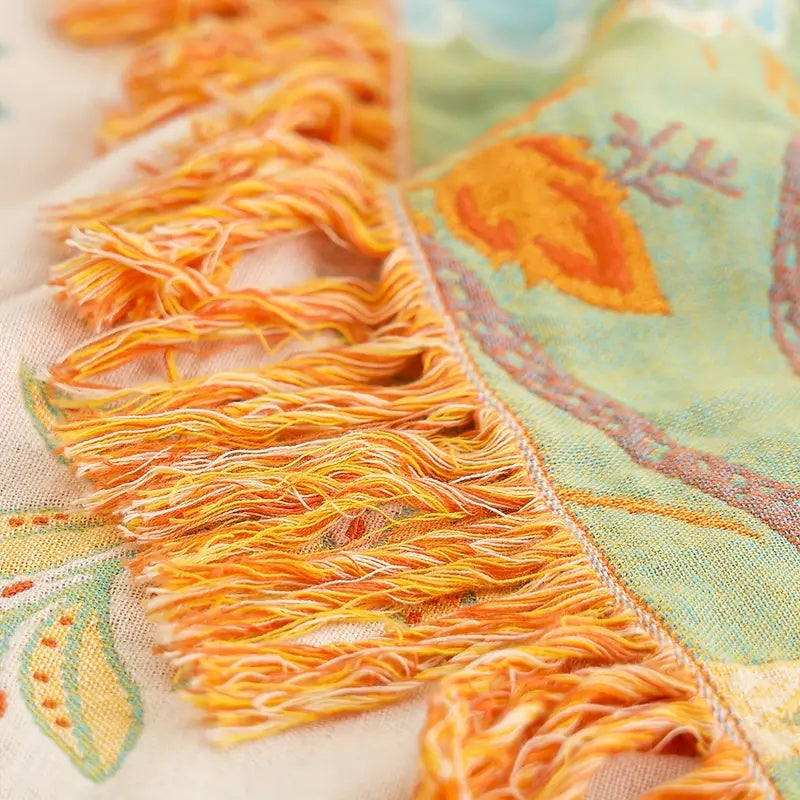 Boho Floral Cotton Throw Blanket with Fringe – Cream &amp; Orange