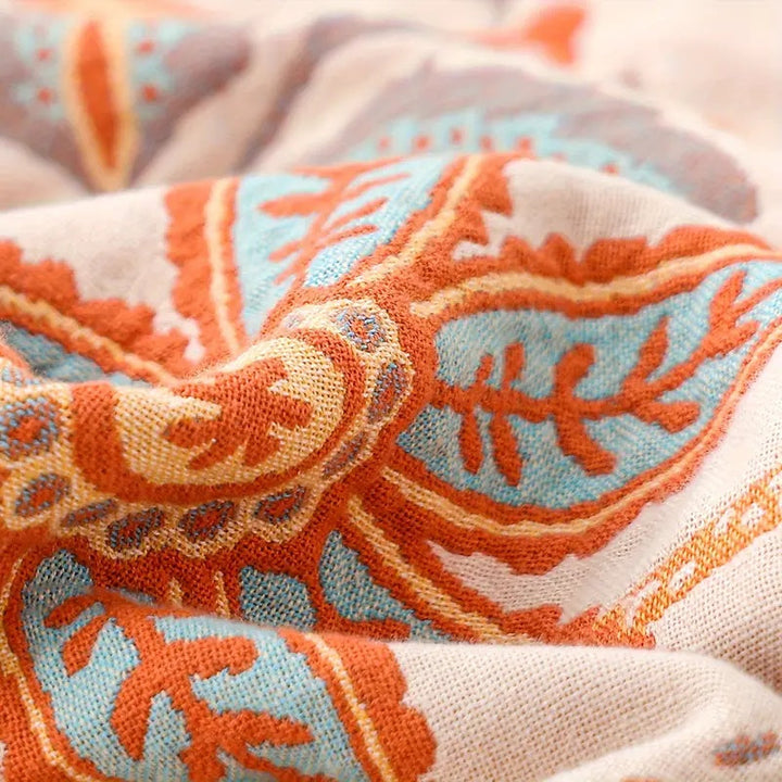 Boho Floral Cotton Throw Blanket with Fringe – Cream &amp; Orange