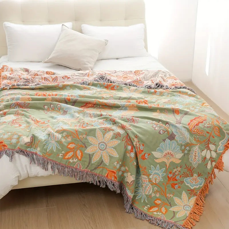 Boho Floral Cotton Throw Blanket with Fringe – Cream &amp; Orange