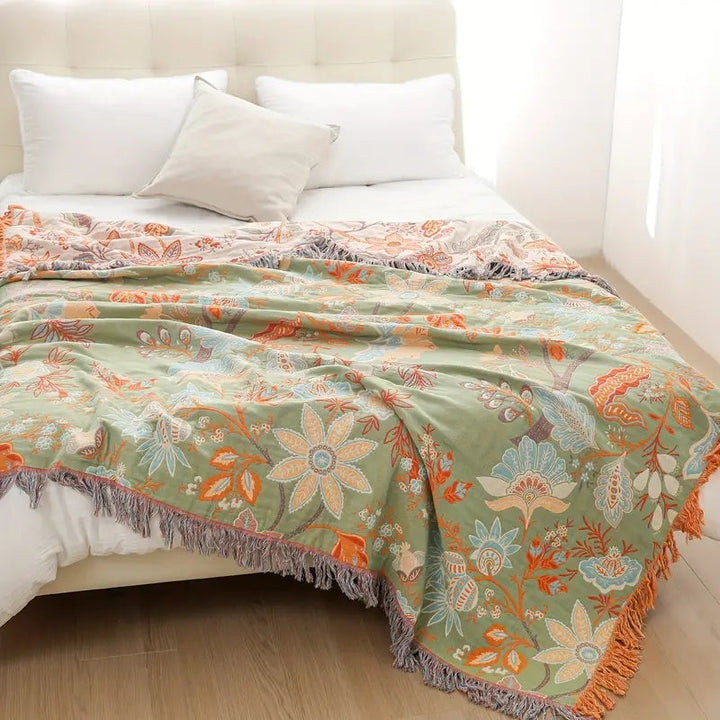 Boho Floral Cotton Throw Blanket with Fringe – Cream &amp; Orange
