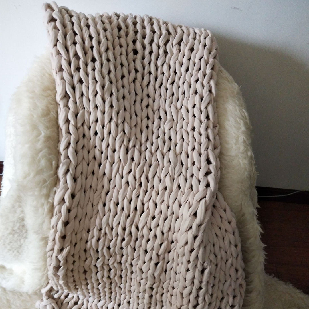 Throw Blanket Weighted Chunky Knit with Hand-Woven Texture and Braided Edges Woven