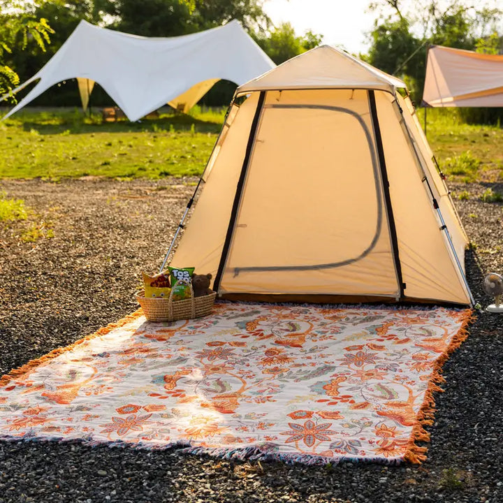 Boho Floral Cotton Throw Blanket with Fringe – Cream &amp; Orange
