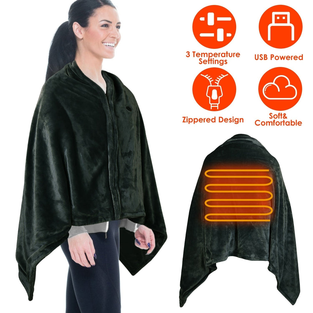 USB Wearable Heated Blanket with Zip Fleece Throw Wrap and Electric Shawl 59x31in