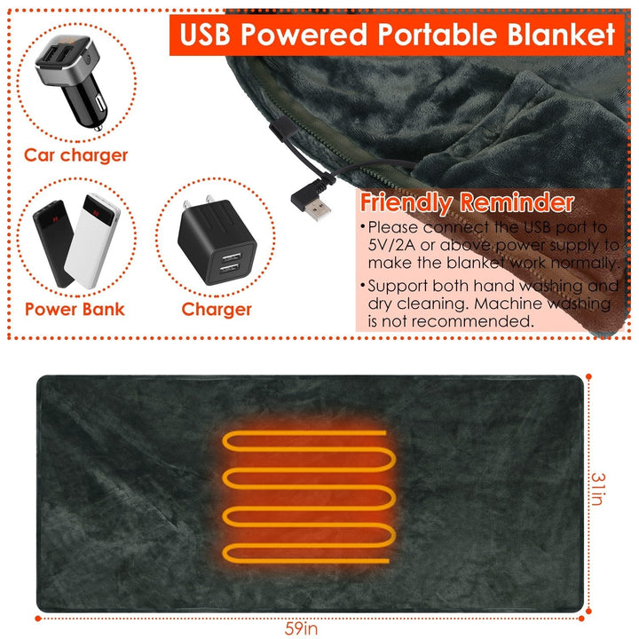 USB Wearable Heated Blanket with Zip Fleece Throw Wrap and Electric Shawl 59x31in
