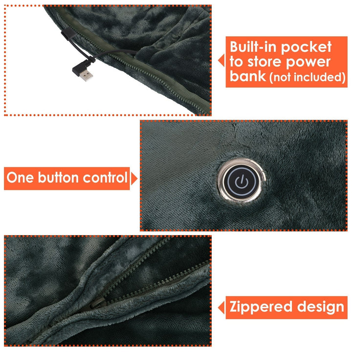 USB Wearable Heated Blanket with Zip Fleece Throw Wrap and Electric Shawl 59x31in